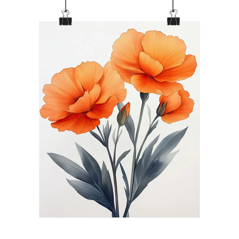 Orange carnation flower art print poster, three blooms and leafy stems