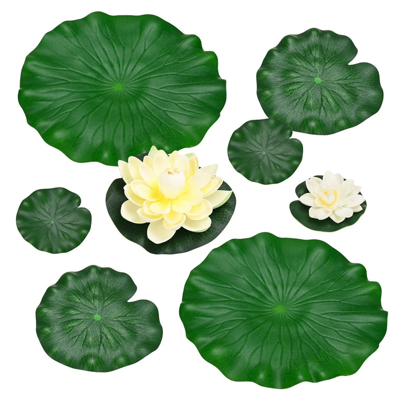 1-Set Artificial Foam Lotus Flower with Water Lily Pad, 4/7/11" [Cream White] Lily