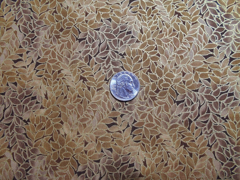 BLANK FABRICS #10006  HONEYSTONE BROWN LEAVES GOLD TRIMMED   BTY Flowering Plants