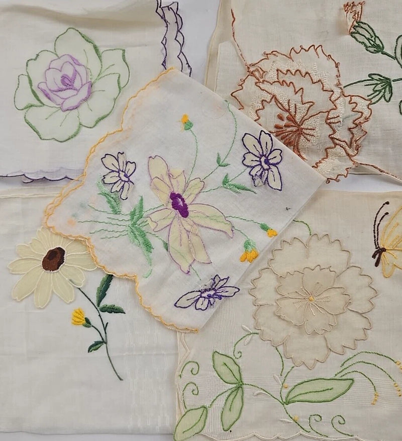 Lot of 5 Vintage Applique Floral Hankie Handkerchiefs Daisy Rose Carnation Carnation