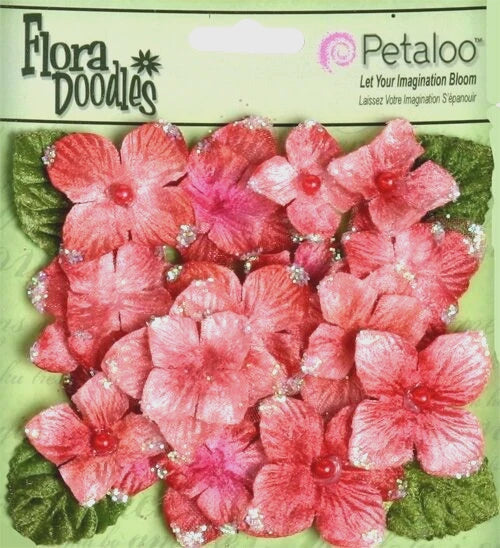 Hydrangeas GERANIUM PINK 22 flower & leaf mix VELVET GLITTER 20-30mm Petaloo O Hydrangea