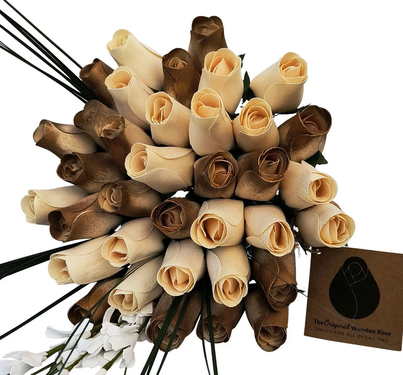 50 Year Anniversary Gold White Flower Bouquet The Original Wooden Rose 1,2,3 Doz Green Plant