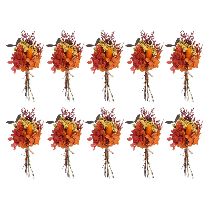Set of 10 mini dried flower bouquets with orange and red blooms and pampas grass stems