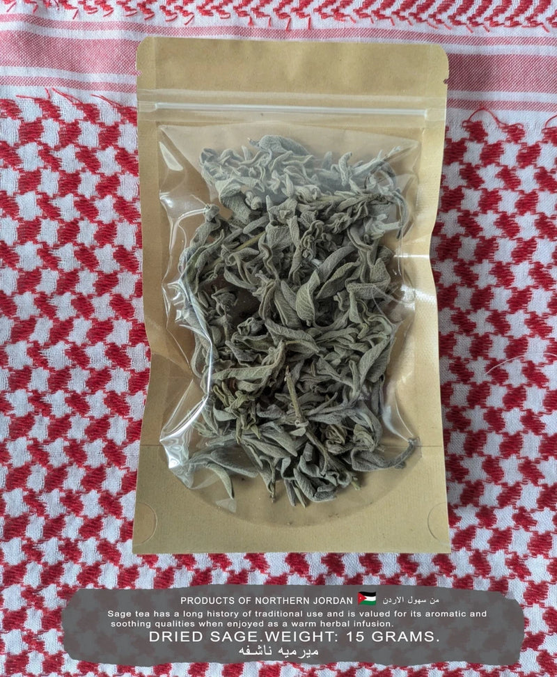 Dried sage leaves in clear-top kraft pouch, gray-green dried leaves.