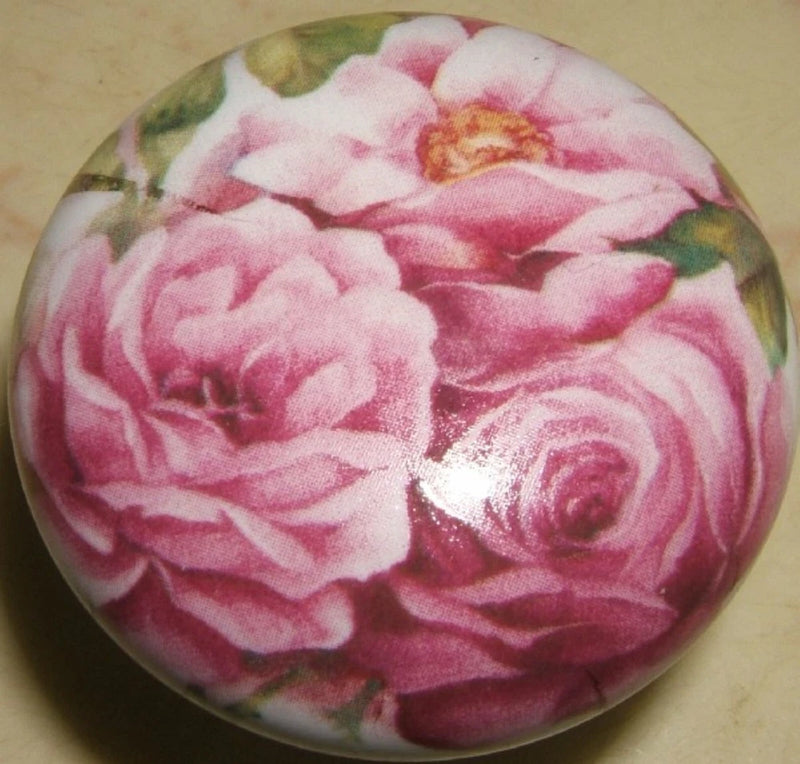 Round ceramic cabinet knob with glossy pink peony flower bouquet design