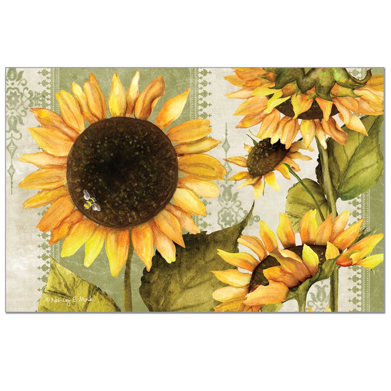 Rectangular paper placemat with yellow sunflowers, green leaves, and decorative border print