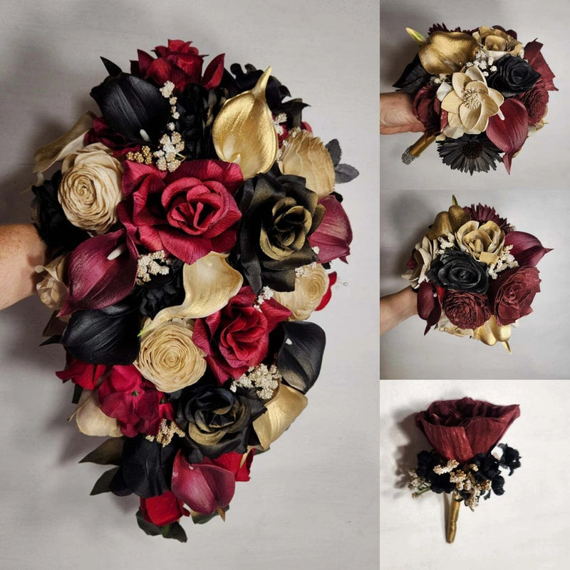 Bridal bouquet of black, burgundy, and gold faux flowers with pinecone accents