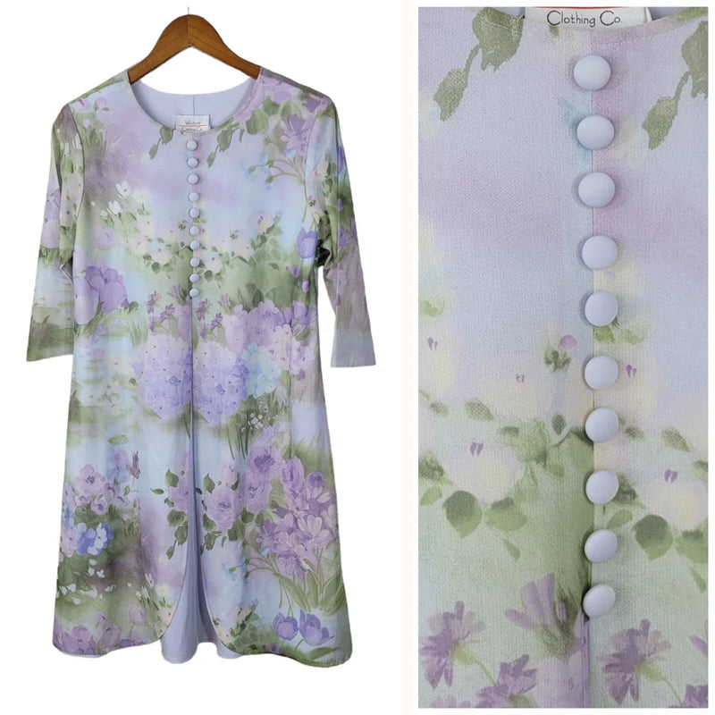 Vintage Floral Shirt Dress size 10 Petite Spring Purple Rose hydrangea Mesh Alt Hydrangea