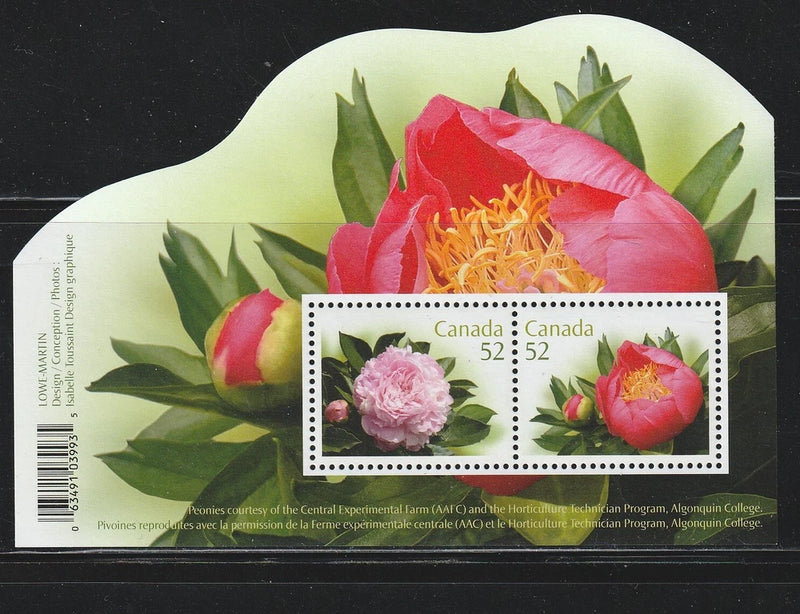 Peony flower Canada postage stamp sheet with two hinged stamps, MNH
