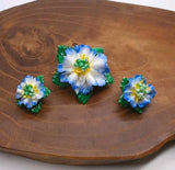Vintage Brooch and Earrings Blue Carnations England Porcelain Carnation