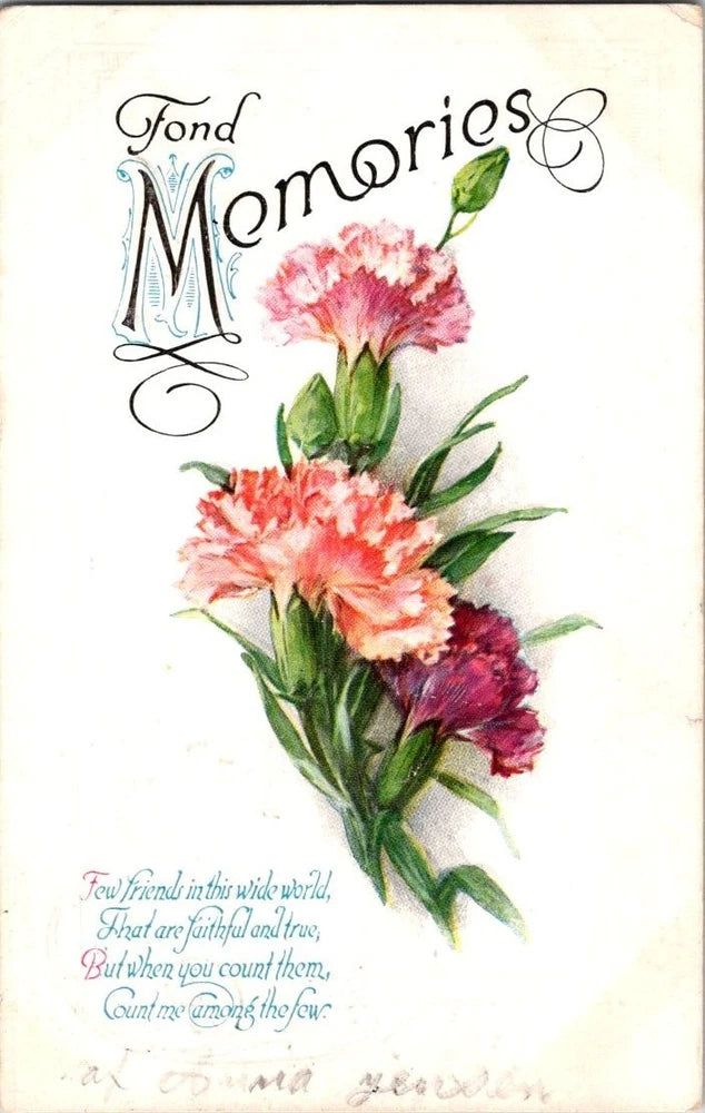 Vintage carnation flower postcard with bouquet and “Fond Memories” lettering