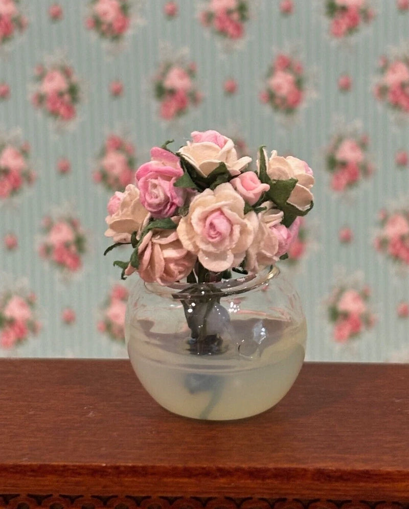 Miniature glass bowl with pink and cream handcrafted roses