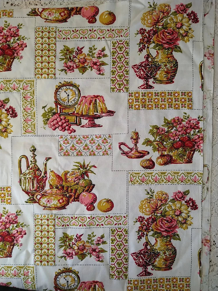 Vintage MCM Kitchen Home Dec Fabric BTY 36x45 Fruit Floral Vase Kitschy Colonial Flowering Plants