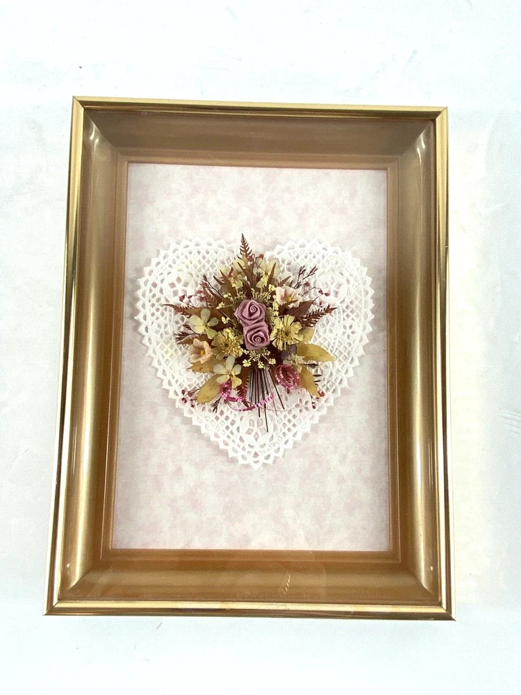 Gold mini picture frame with white lace heart and dried silk flowers arrangement