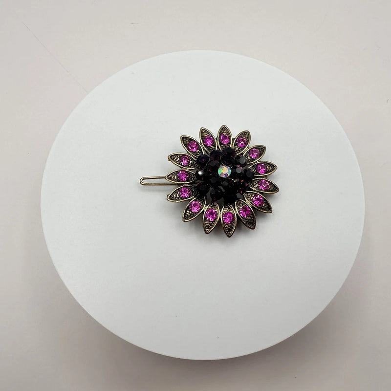 Vintage 80s Pink Rhinestone Flower Brooch Gold Tone Sunflower Pin Retro Jewelry Sunflower