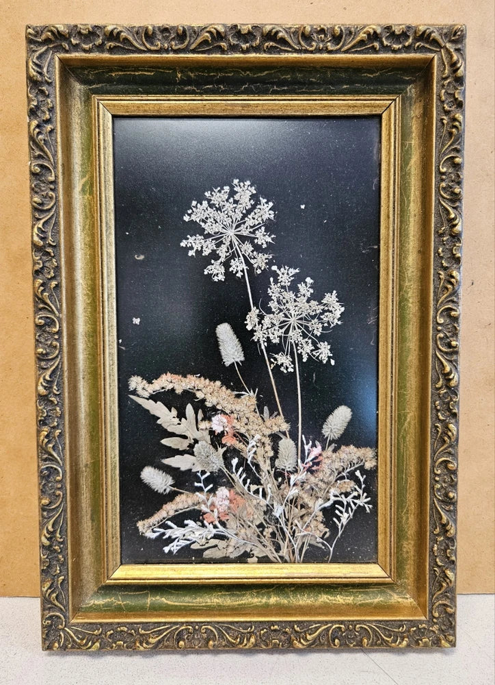 Pressed floral art with white dried flowers on dark background, in gold frame
