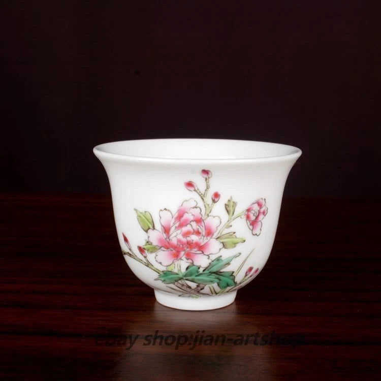 2.5" China Famille Rose Porcelain Hand Painting 70ML Pretty Peony Flower Cup Peony