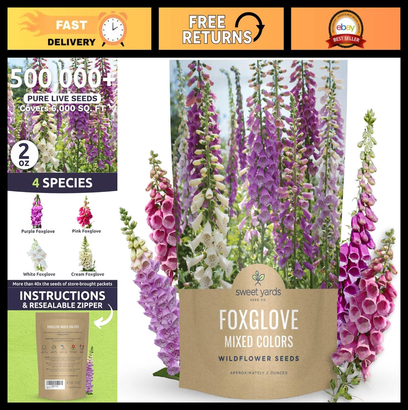 Mixed Color Foxglove Seeds - 500,000 Flower Seeds for Planting - 2 oz Bulk Pouch Flowering Plants