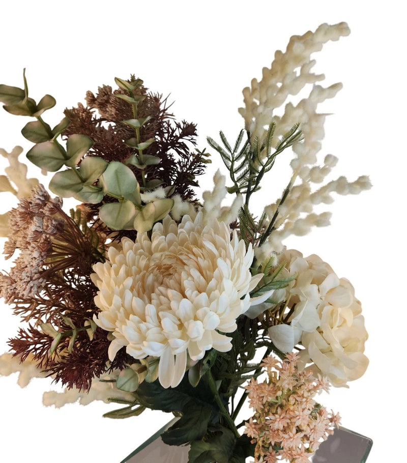Artificial Floral Arrangement Beige Hydrangea & Cream Mum Bouquet Hand Tied Hydrangea