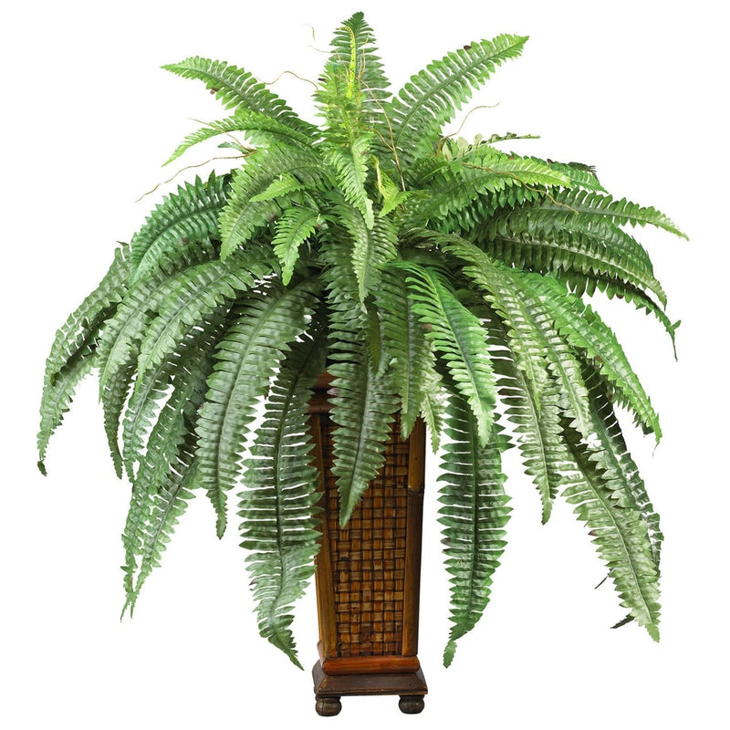 33" Boston Fern Silk Plant w/ Decorative Wood Vase Green Plant