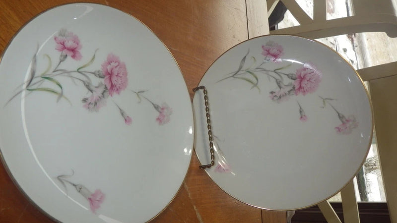 Royal Court Carnation porcelain salad plates, white with pink flower pattern, set of 2