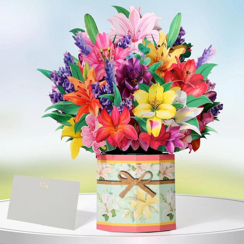 Pop-up flower card featuring a colorful lily bouquet in a decorated holder