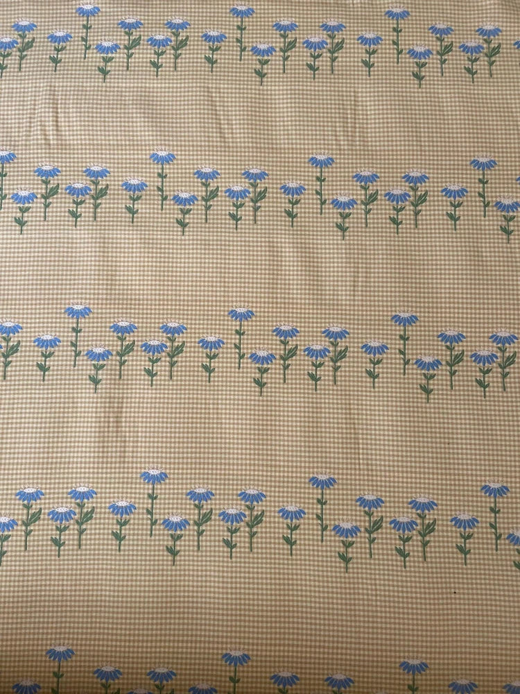 Yellow Gingham with Blue and Green Embroidered Flowers Fabric BY THE YARD Flowering Plants