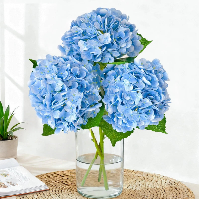 Cherica Real Touch Blue Hydrangea Artificial Flowers with Stems, 3 Pcs, Hydrangea