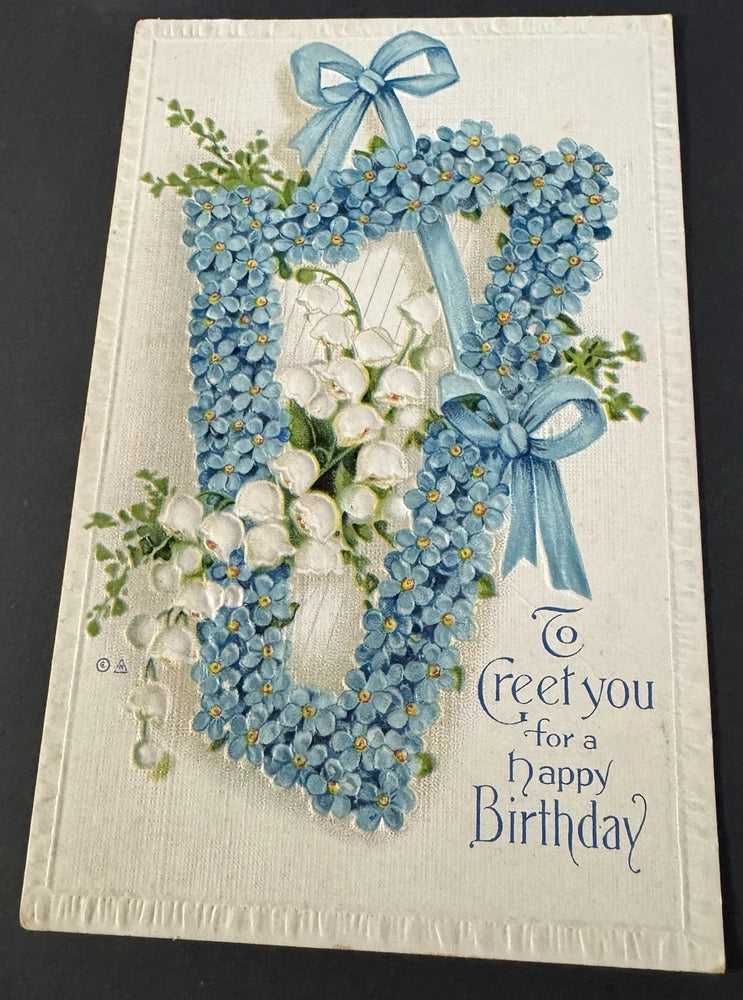 Vintage Birthday Postcard Blue Forget-Me-Not Flowers Bows Lilies of the Valley Lily