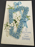 Vintage Birthday Postcard Blue Forget-Me-Not Flowers Bows Lilies of the Valley Lily