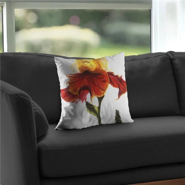 Square white decorative pillow with red and orange lily flower print, 16 x 16 in