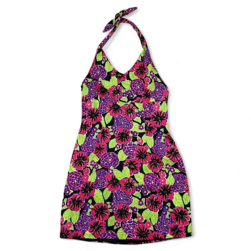Vintage Lilly Pulitzer Hydrangea And Hibiscus Print Halter Mini Dress Hydrangea
