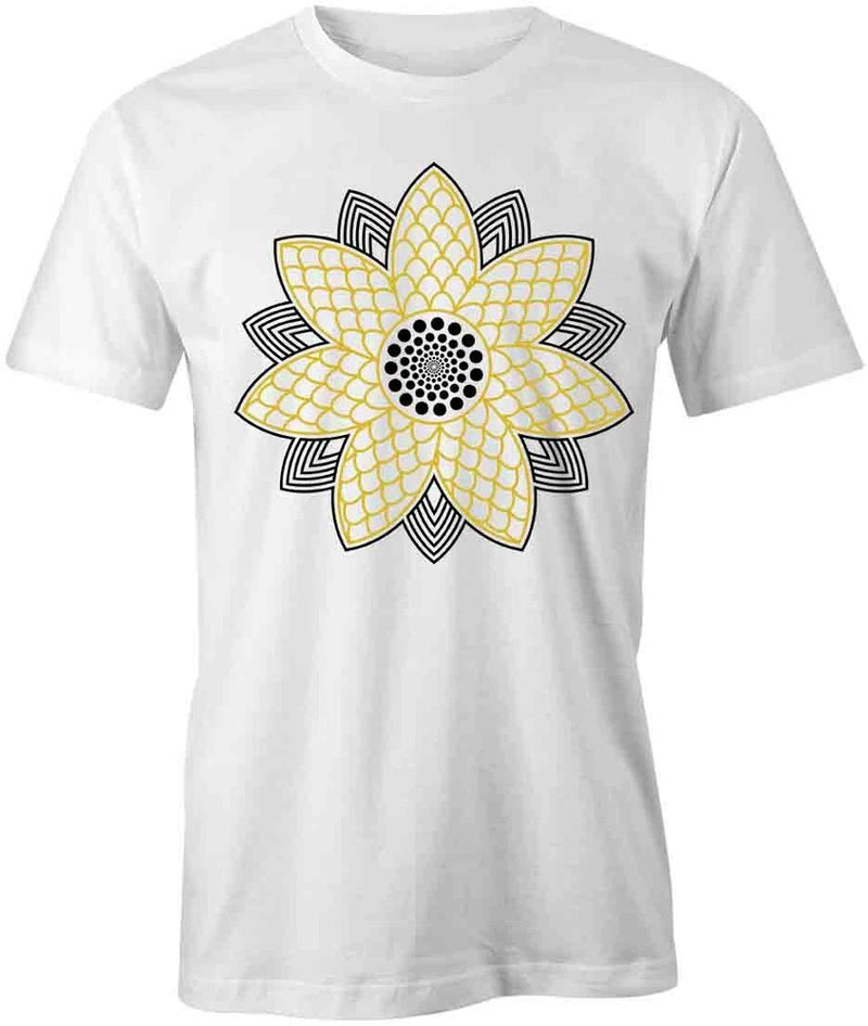White cotton T-shirt with large yellow sunflower front graphic and short sleeves