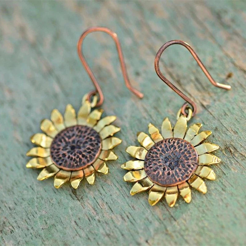 Vintage Sunflower Dangle Earrings Hippie Retro Floral Accessory Boho Ear Jewelry Sunflower