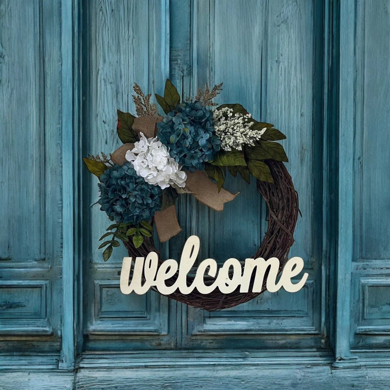 Grapevine Welcome Wreath With Blue And White Hydrangeas | Front Door Decoration Hydrangea