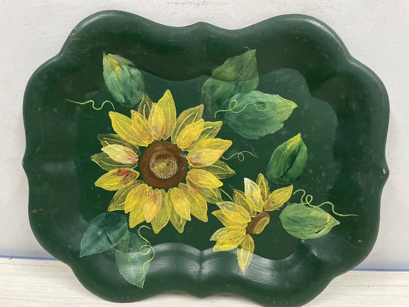 Hand-painted sunflower porcelain serving tray with green scalloped edge