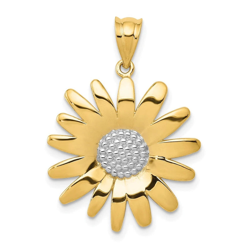14k yellow gold sunflower pendant with rhodium center