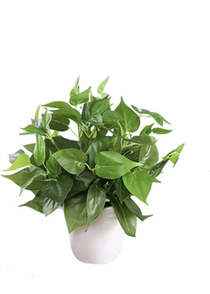 Artificial Philodendron Houseplant in White Pot, Green Plastic Arrangement Green Plant