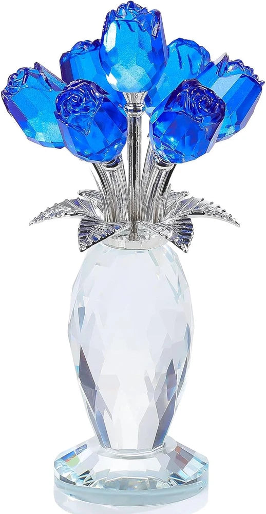 Blue crystal flower figurine with faceted glass vase, silver stems and blue blooms