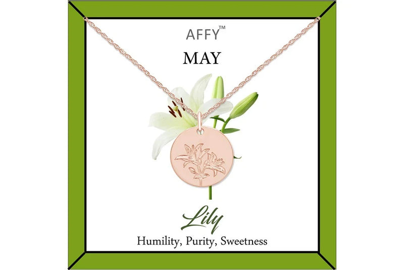 May Birth Month Lily of the Valley Flower Disc Pendant Necklace In Rose Gold Pla Lily