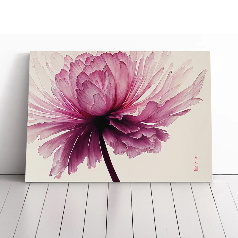 Framed canvas wall art with large pink and magenta carnation flower, minimal style.