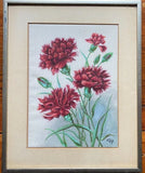 Watercolour on Silk Still Life Carnations Blossoms Monogram C.H Antique Frame Carnation