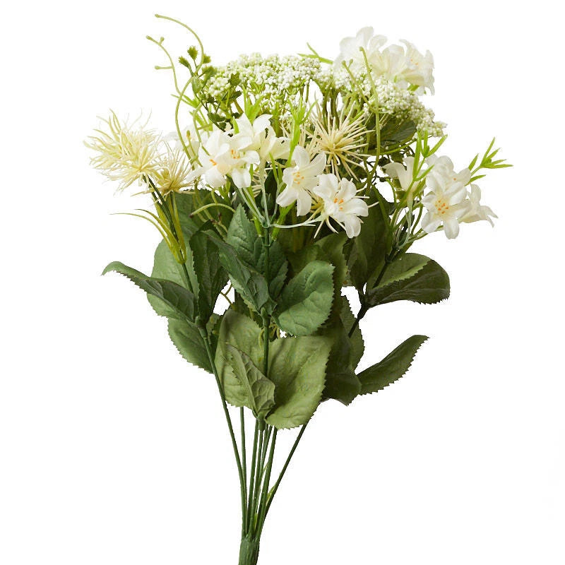Set of 2 artificial cream floral bushes with lily blooms and green leaves