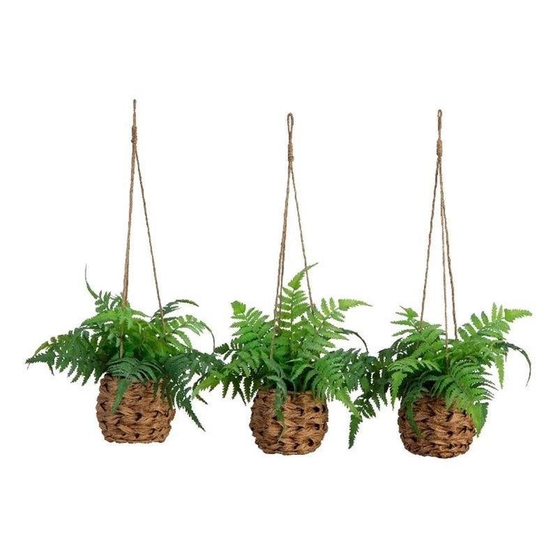 Nearly Natural 10" UV Resistant Boston Fern in Hanging Wicker Basket - Set of 3 Green Plant