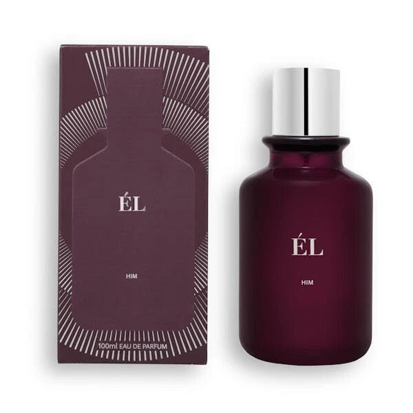 Men's eau de parfum bottle with maroon glass and box, black cap and EL label