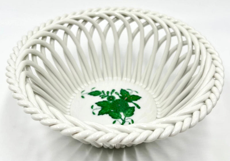 HEREND CHINESE BOUQUET GREEN ROUND PIERCED OPEN WEAVE BOWL; 5in; EXCELLENT COND Bouquet