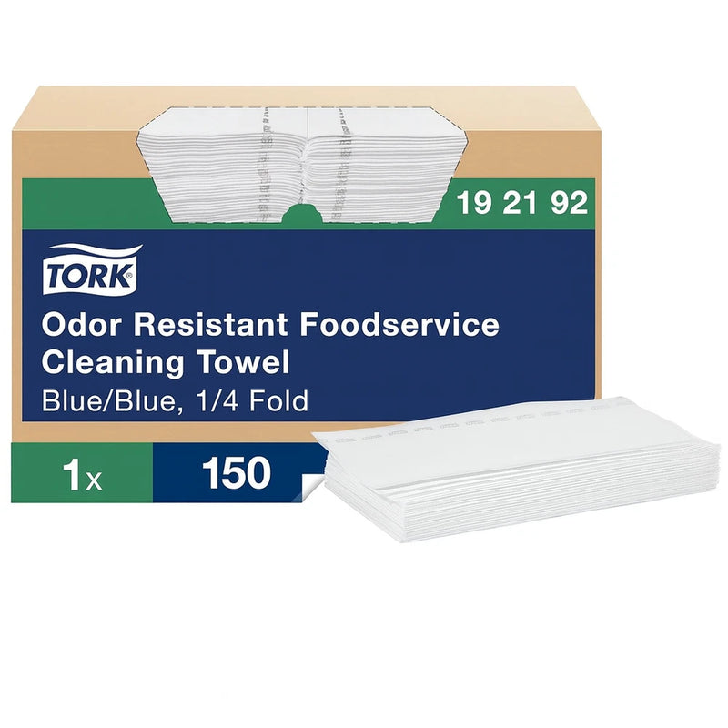White foodservice cleaning towels, folded pack shown with multiple stacked cloths