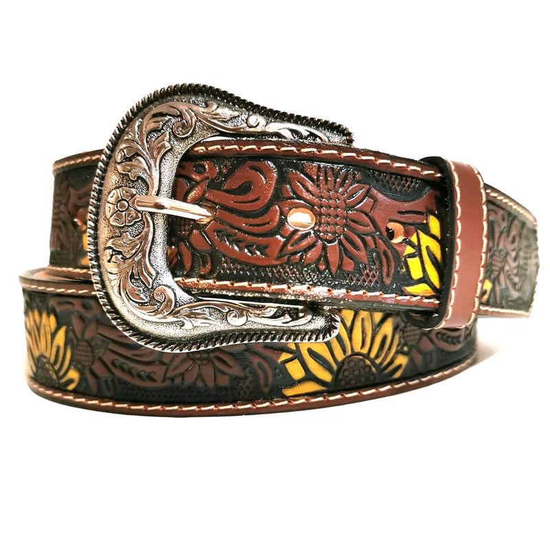 Brown leather western belt with embossed sunflower pattern and silver engraved buckle
