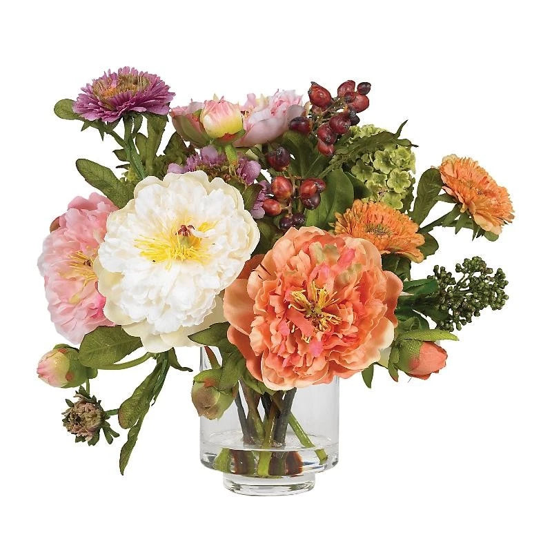 Silk artificial flower arrangement in clear glass vase with peony, sunflower, mixed blooms