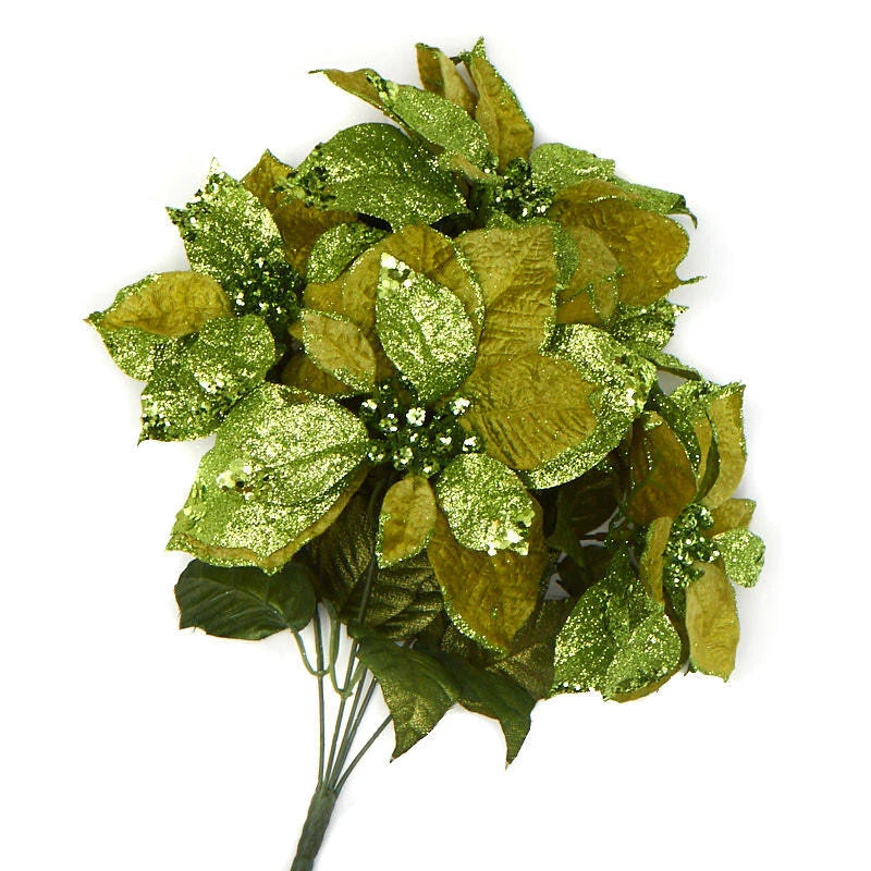 Green glitter velvet poinsettia bush with textured leafy petals, wired stems
